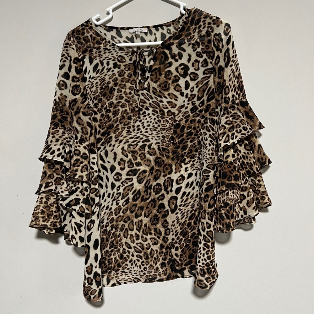 JODIFL Leopard Print Tiered Ruffle Sleeve Tie Neck Blouse Women Size Small